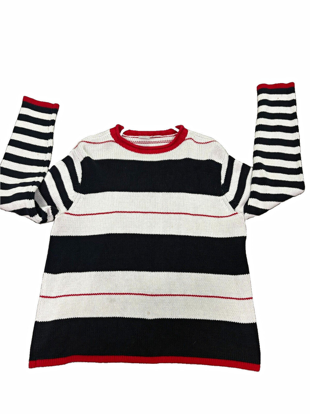 Vintage 90s Emma James Striped Sweater Womens L Black Cream Red Roll Neck Knit